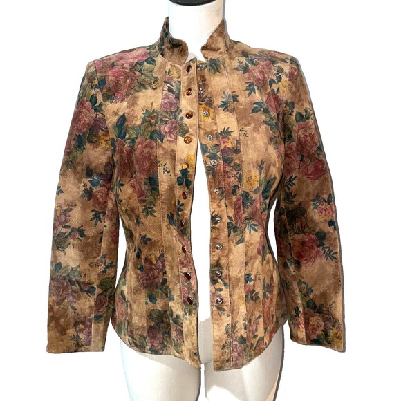VS2 Women’s Genuine Suede Floral Jacket size S Snap Front Stand Collar Shacket - Picture 1 of 12